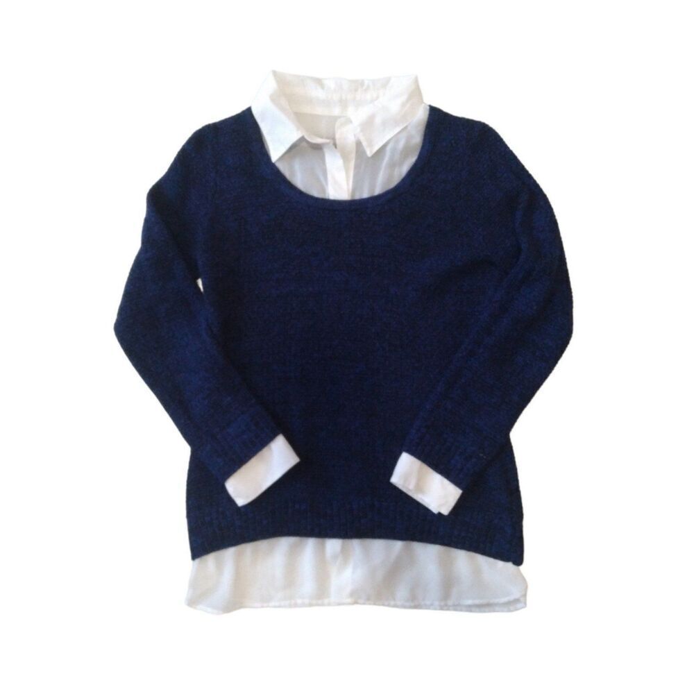 AB Studio Blue and Black Marled Mock Shirt Academia Knitwear Pullover Sweater